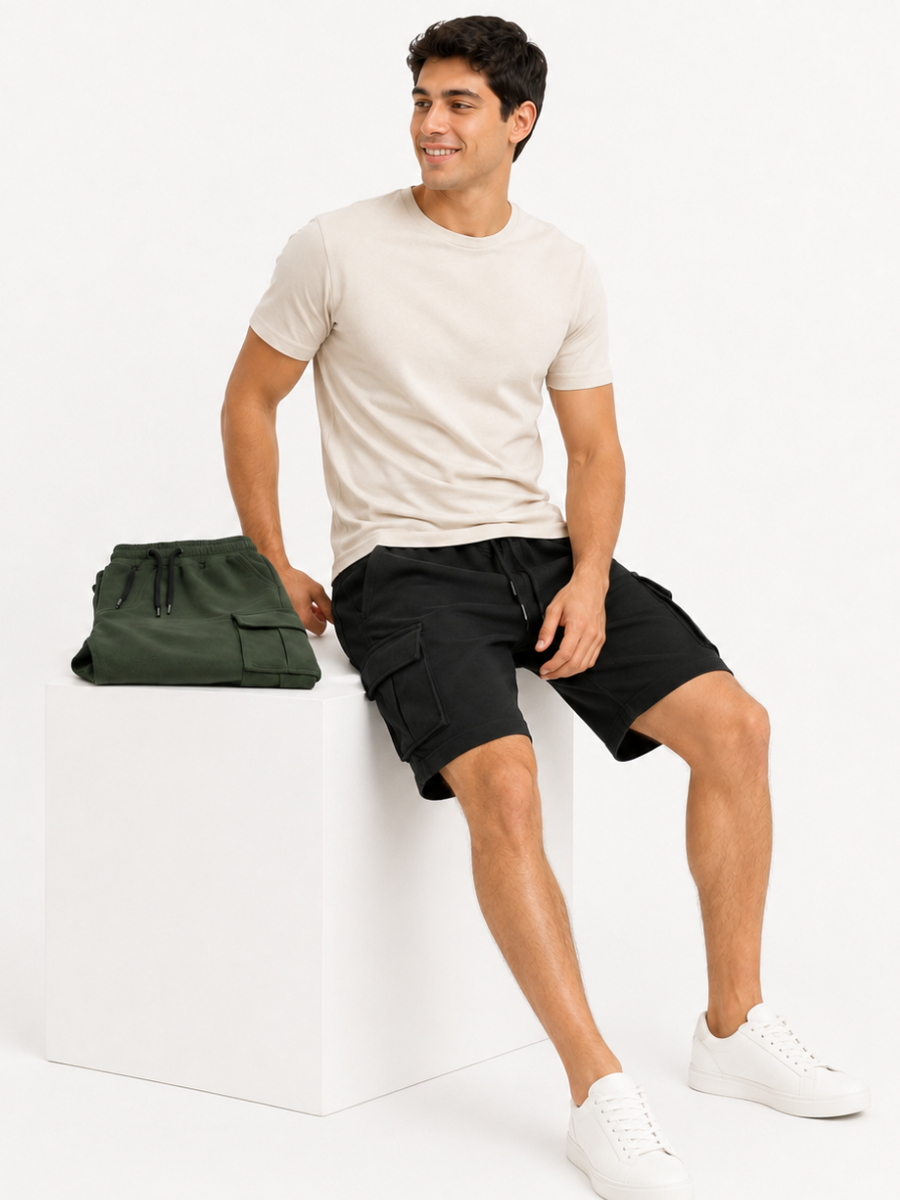 PACK DE 2 SHORTS CARGO HOMBRE EN TELA WAFFLE BERMUDAS CASUALES CON BOLSILLOS LATERALES MODA VERANO URBANA VERDE Y NEGRO - 3