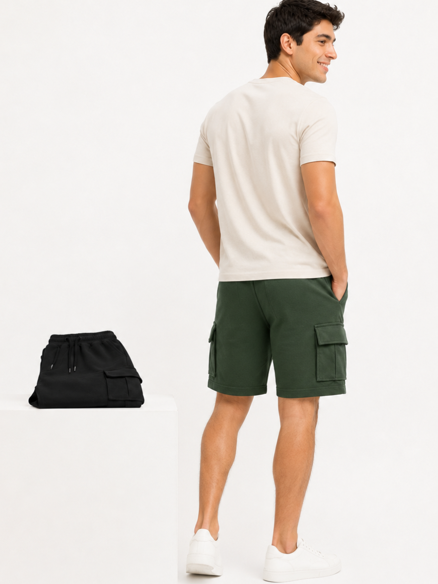 PACK DE 2 SHORTS CARGO HOMBRE EN TELA WAFFLE BERMUDAS CASUALES CON BOLSILLOS LATERALES MODA VERANO URBANA VERDE Y NEGRO - 5