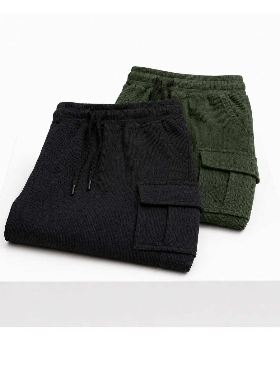 PACK DE 2 SHORTS CARGO HOMBRE EN TELA WAFFLE BERMUDAS CASUALES CON BOLSILLOS LATERALES MODA VERANO URBANA VERDE Y NEGRO - 6