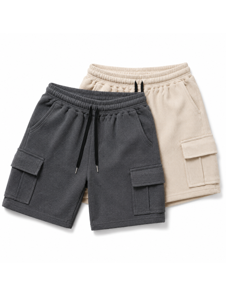 PACK DE 2 SHORTS CARGO HOMBRE EN TELA WAFFLE BERMUDAS CASUALES CON BOLSILLOS LATERALES MODA URBANA VERANO GRIS Y BEIGE - 1