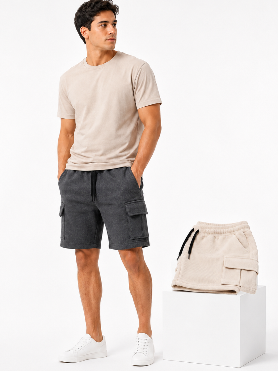 PACK DE 2 SHORTS CARGO HOMBRE EN TELA WAFFLE BERMUDAS CASUALES CON BOLSILLOS LATERALES MODA URBANA VERANO GRIS Y BEIGE - 2