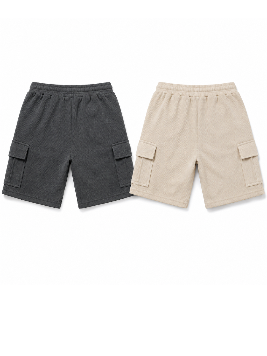 PACK DE 2 SHORTS CARGO HOMBRE EN TELA WAFFLE BERMUDAS CASUALES CON BOLSILLOS LATERALES MODA URBANA VERANO GRIS Y BEIGE - 3