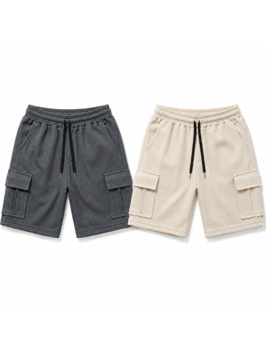 PACK DE 2 SHORTS CARGO HOMBRE EN TELA WAFFLE BERMUDAS CASUALES CON BOLSILLOS LATERALES MODA URBANA VERANO GRIS Y BEIGE - 5