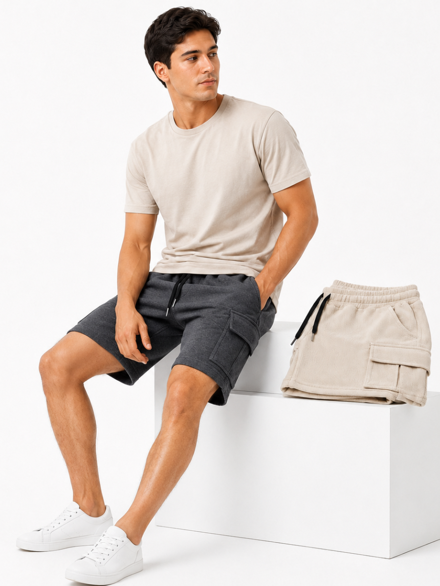 PACK DE 2 SHORTS CARGO HOMBRE EN TELA WAFFLE BERMUDAS CASUALES CON BOLSILLOS LATERALES MODA URBANA VERANO GRIS Y BEIGE - 6