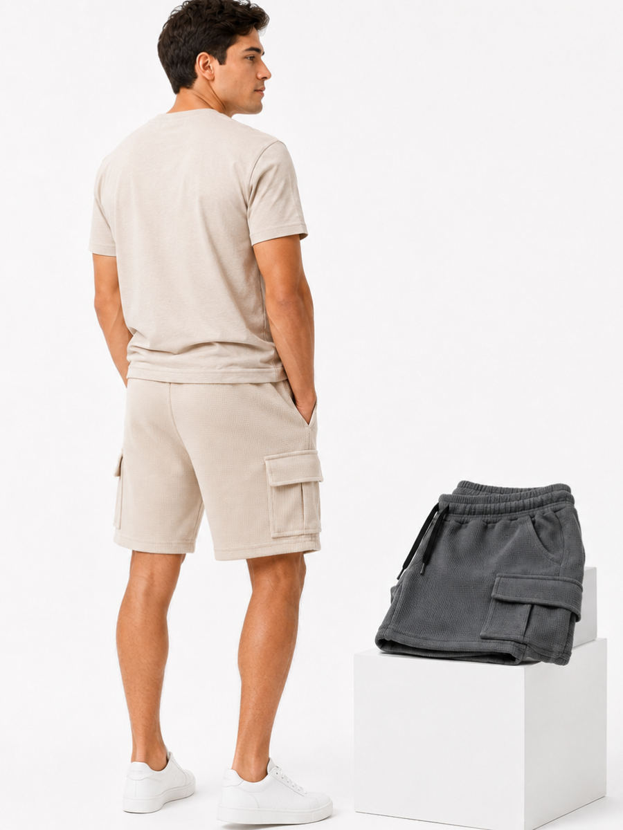 PACK DE 2 SHORTS CARGO HOMBRE EN TELA WAFFLE BERMUDAS CASUALES CON BOLSILLOS LATERALES MODA URBANA VERANO GRIS Y BEIGE - 7