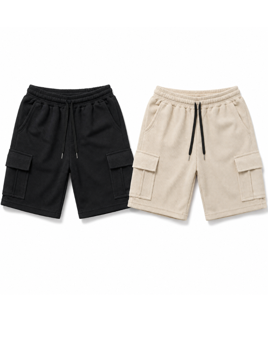 PACK DE 2 SHORTS CARGO HOMBRE EN TELA WAFFLE BERMUDAS CASUALES CON BOLSILLOS LATERALES MODA URBANA VERANO BEIGE Y NEGRO - 1