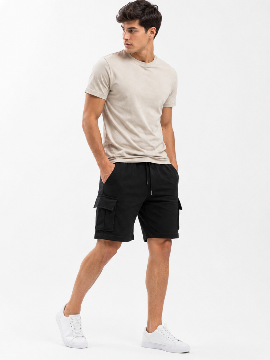PACK DE 2 SHORTS CARGO HOMBRE EN TELA WAFFLE BERMUDAS CASUALES CON BOLSILLOS LATERALES MODA URBANA VERANO BEIGE Y NEGRO - 2
