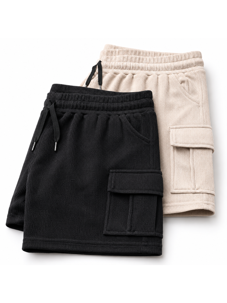 PACK DE 2 SHORTS CARGO HOMBRE EN TELA WAFFLE BERMUDAS CASUALES CON BOLSILLOS LATERALES MODA URBANA VERANO BEIGE Y NEGRO - 5