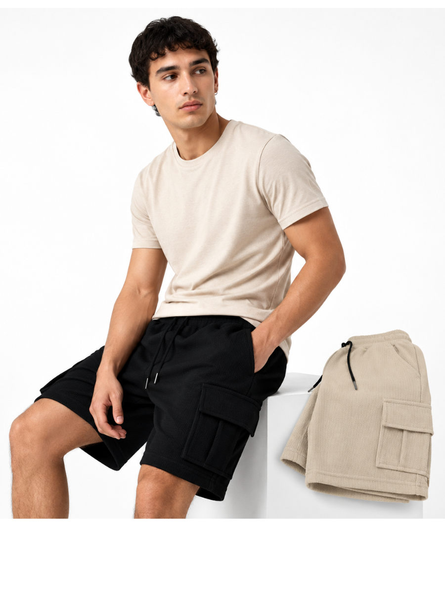PACK DE 2 SHORTS CARGO HOMBRE EN TELA WAFFLE BERMUDAS CASUALES CON BOLSILLOS LATERALES MODA URBANA VERANO BEIGE Y NEGRO - 6