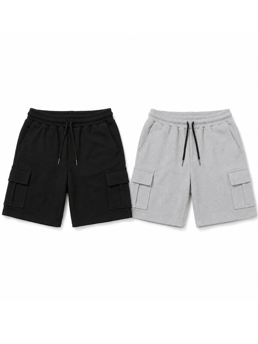 PACK DE 2 SHORTS CARGO HOMBRE EN TELA WAFFLE BERMUDAS CASUALES CON BOLSILLOS LATERALES MODA URBANA VERANO NEGRO Y MELANGE - 1
