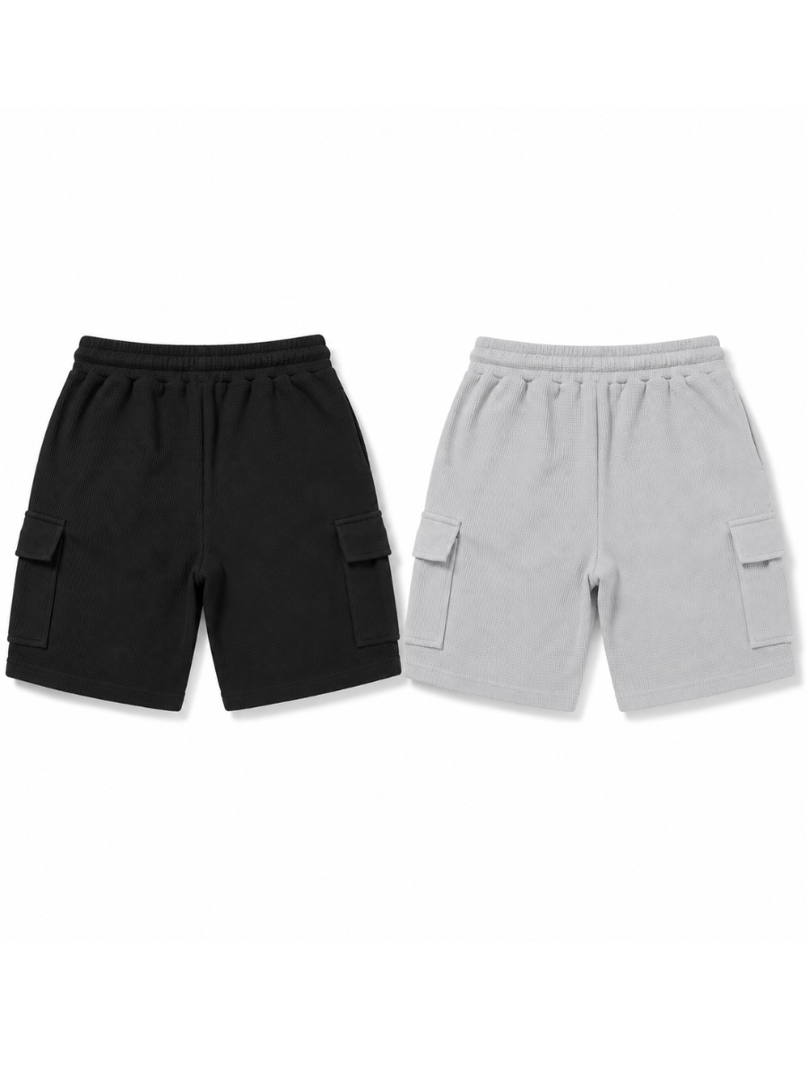 PACK DE 2 SHORTS CARGO HOMBRE EN TELA WAFFLE BERMUDAS CASUALES CON BOLSILLOS LATERALES MODA URBANA VERANO NEGRO Y MELANGE - 2