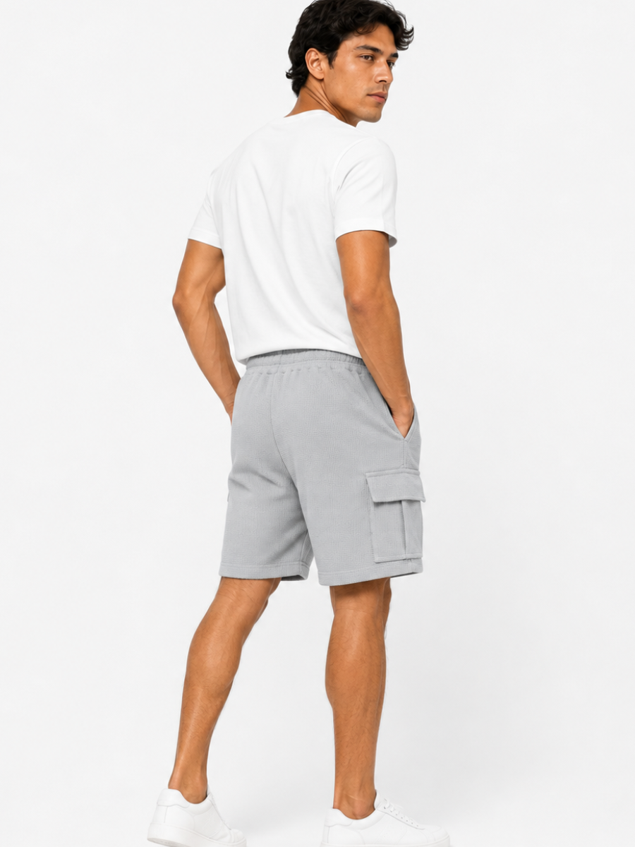 PACK DE 2 SHORTS CARGO HOMBRE EN TELA WAFFLE BERMUDAS CASUALES CON BOLSILLOS LATERALES MODA URBANA VERANO NEGRO Y MELANGE - 3