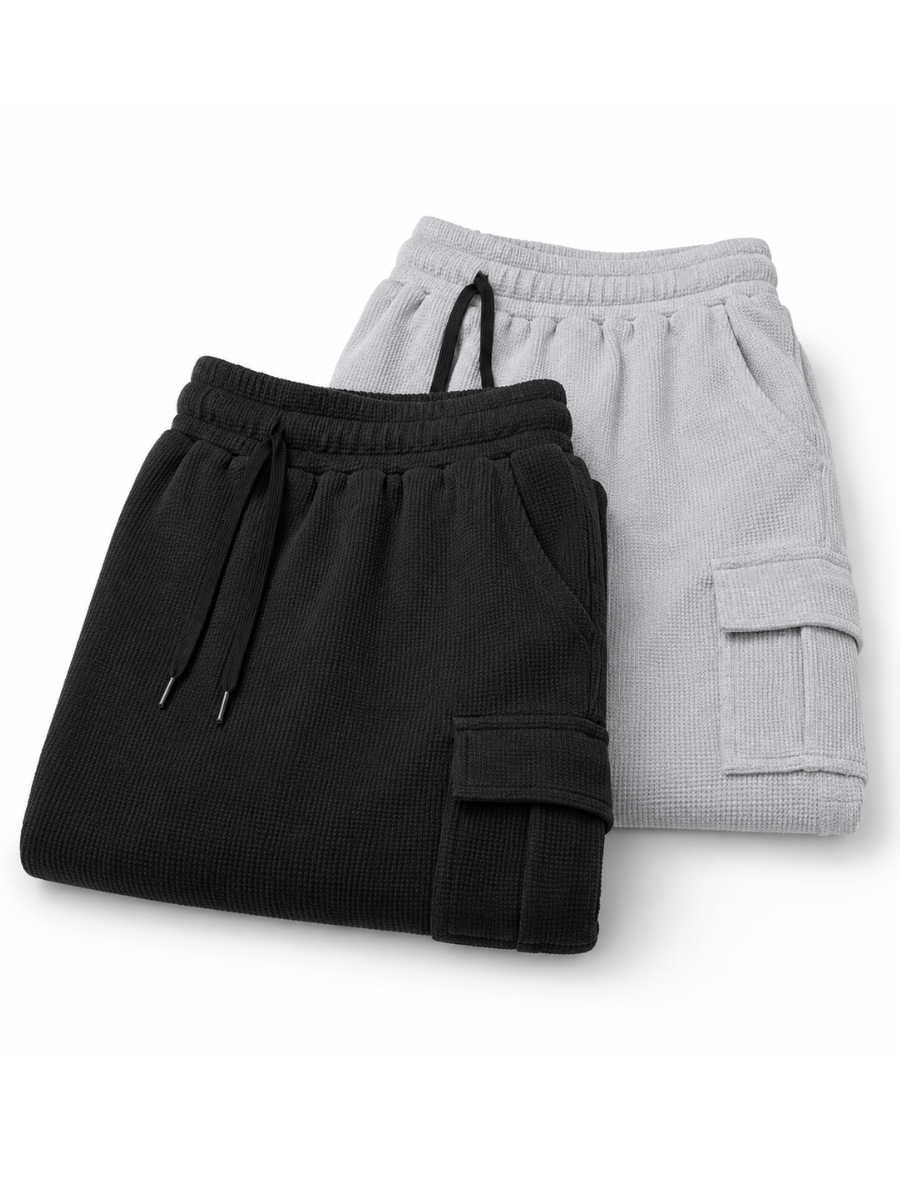 PACK DE 2 SHORTS CARGO HOMBRE EN TELA WAFFLE BERMUDAS CASUALES CON BOLSILLOS LATERALES MODA URBANA VERANO NEGRO Y MELANGE - 5