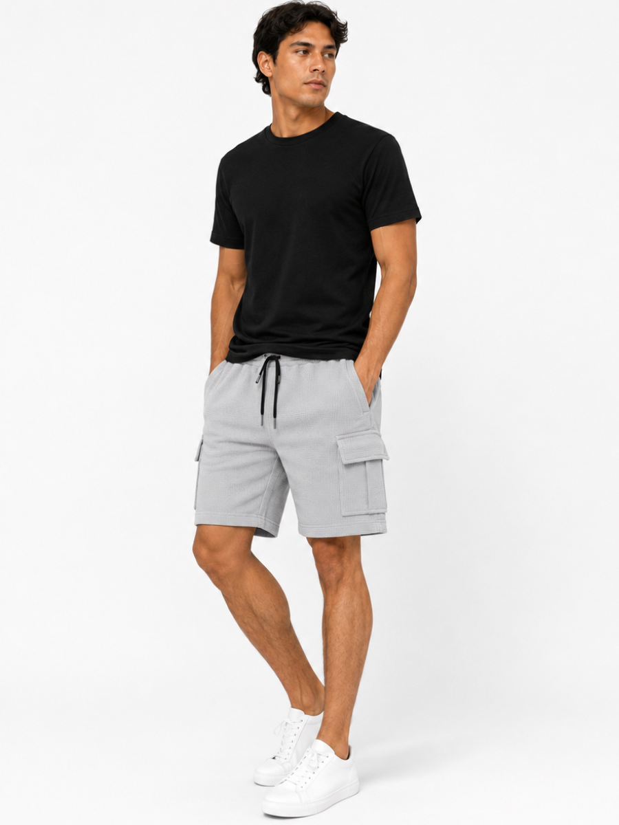 PACK DE 2 SHORTS CARGO HOMBRE EN TELA WAFFLE BERMUDAS CASUALES CON BOLSILLOS LATERALES MODA URBANA VERANO NEGRO Y MELANGE - 6