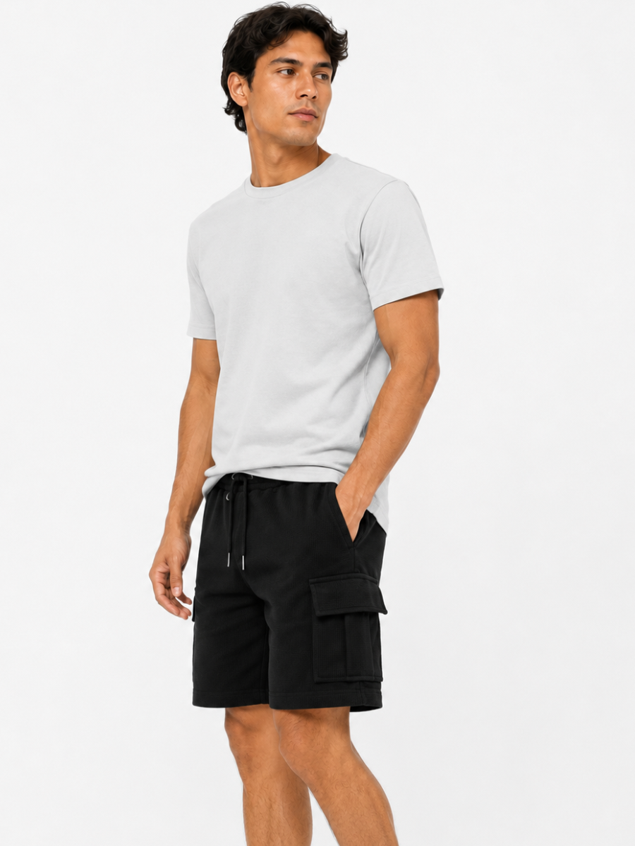 PACK DE 2 SHORTS CARGO HOMBRE EN TELA WAFFLE BERMUDAS CASUALES CON BOLSILLOS LATERALES MODA URBANA VERANO NEGRO Y MELANGE - 7