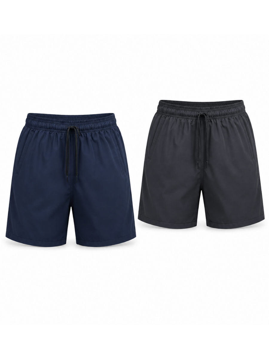 PACK X2 SHORT DEPORTIVO LISO TELA NOVA HOMBRE CON BOLSILLOS Y CORDÓN AJUSTABLE AZUL GRIS - 1