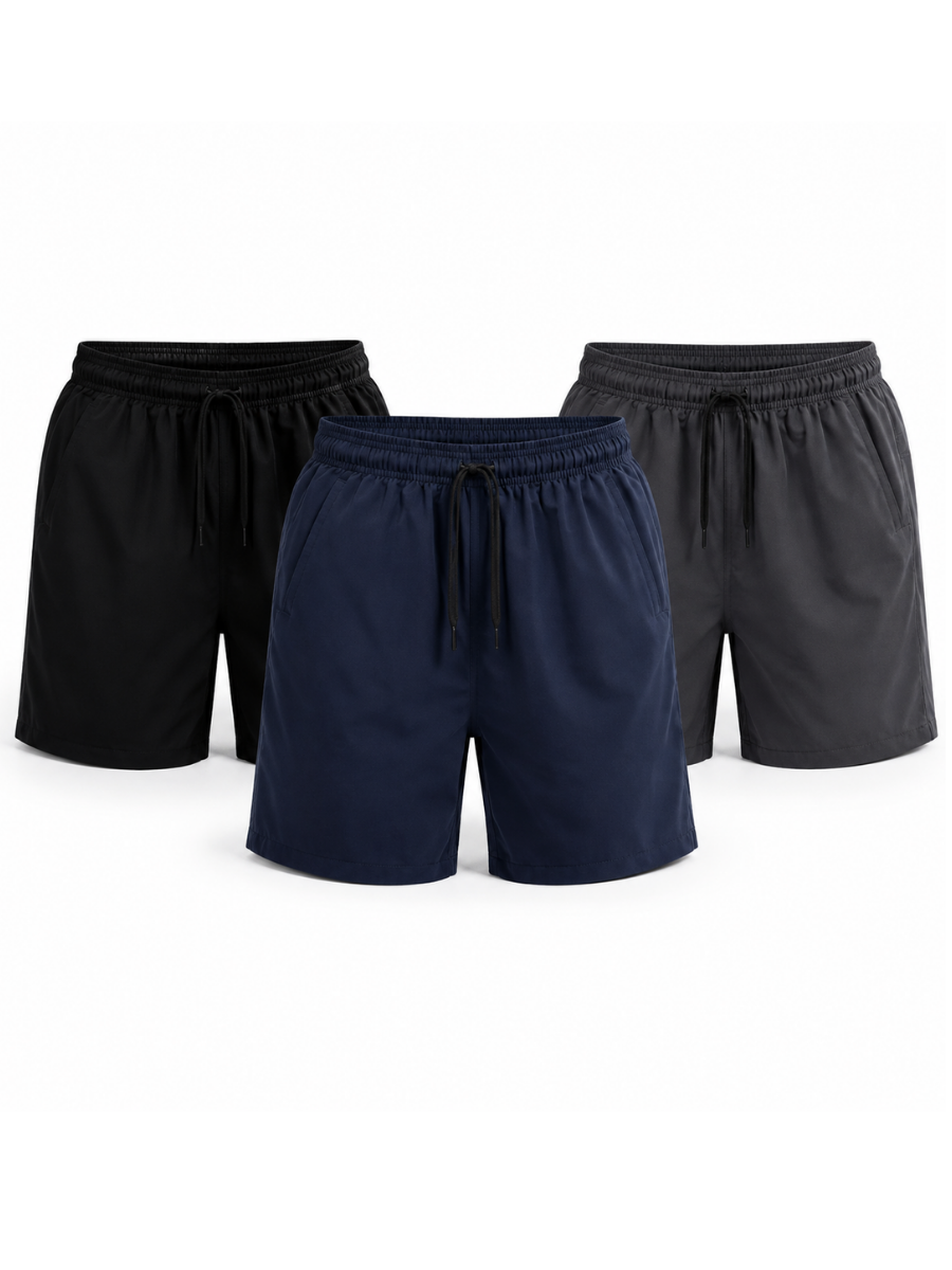 PACK X3 SHORT DEPORTIVO LISO TELA NOVA HOMBRE CON BOLSILLOS Y CORDÓN AJUSTABLE NEGRO AZUL GRIS - 1