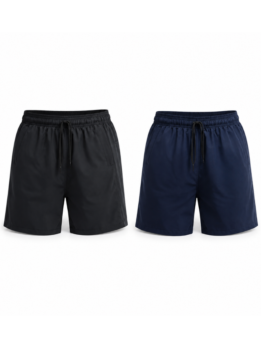 PACK X2 SHORT DEPORTIVO LISO TELA NOVA HOMBRE CON BOLSILLOS Y CORDÓN AJUSTABLE NEGRO AZUL - 1