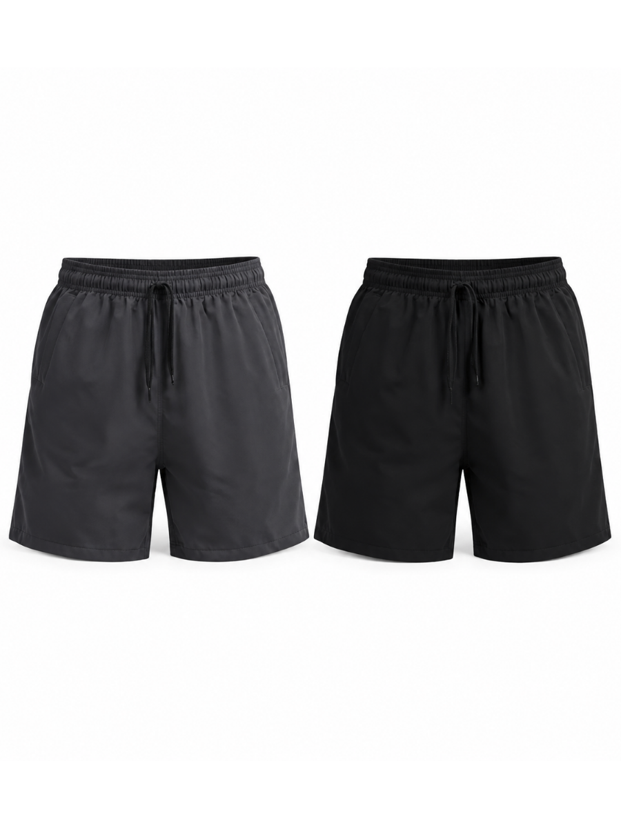 PACK X2 SHORT DEPORTIVO LISO TELA NOVA HOMBRE CON BOLSILLOS Y CORDÓN AJUSTABLE GRIS NEGRO - 1