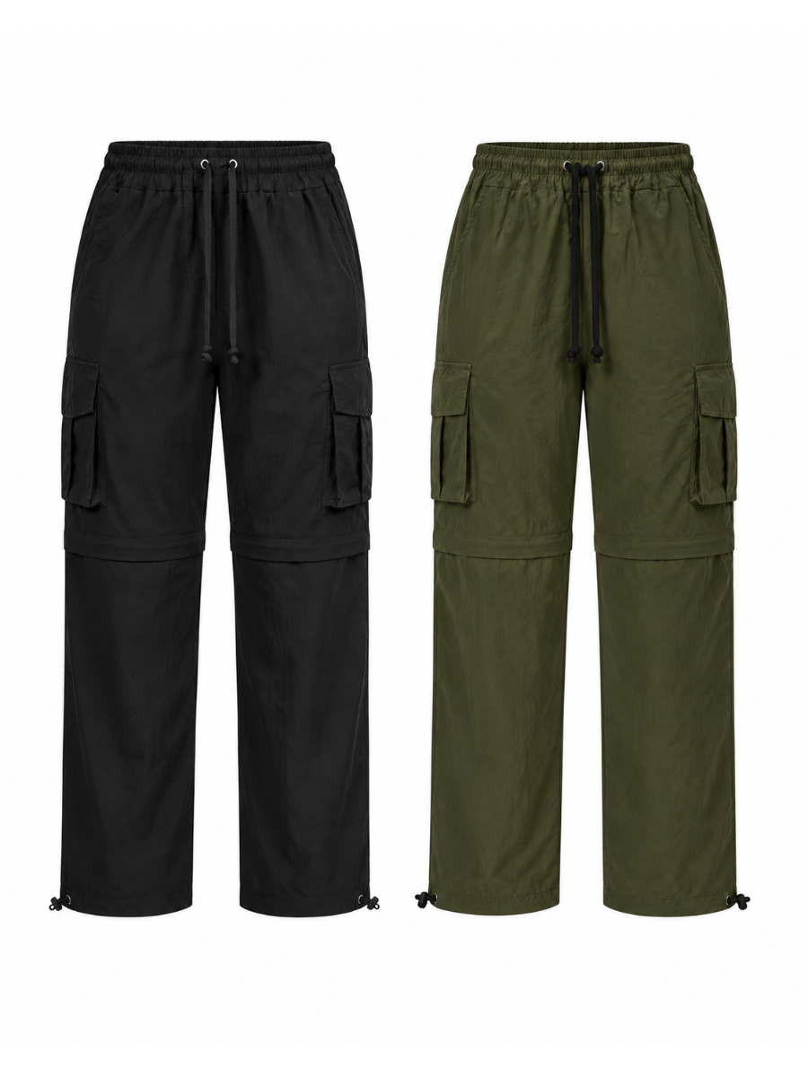 PACK 2 PANTALONES CARGO CONVERTIBLE HOMBRE ESTILO OUTDOOR TELA MOJADA NEGRO Y VERDE - 1