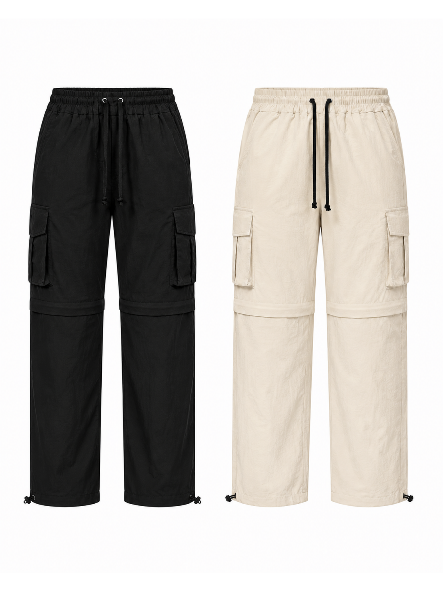 PACK 2 PANTALONES CARGO DESMONTABLES HOMBRE ESTILO OUTDOOR TELA MOJADA CONVERTIBLE NEGRO Y HUESO - 1