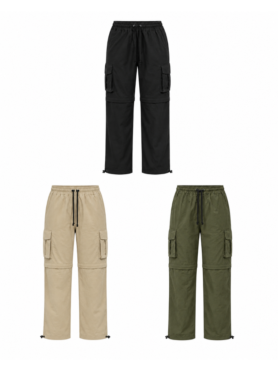 PACK 3 PANTALONES CARGO DESMONTABLES HOMBRE SECADO RAPIDO MULTIBOLSILLO PARA TREKKING OUTDOOR BEIGE VERDE NEGRO - 1