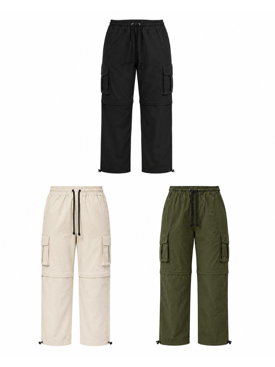 PACK X3 PANTALON CARGO 2 EN 1 CONVERTIBLE  HOMBRE TELA MOJADA VIAJE Y TREKKING VERDE HUESO NEGRO - 1
