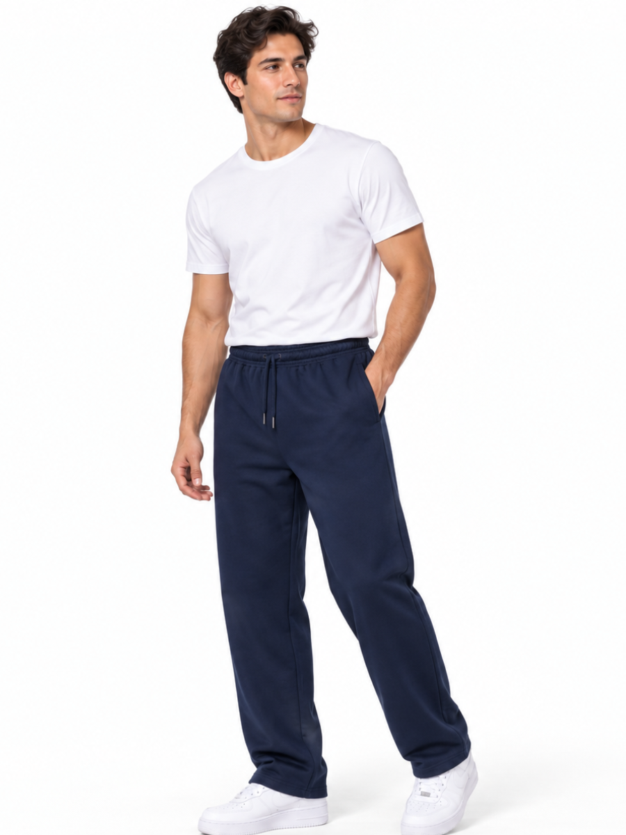 PANTALON BUZO FRENCH TERRY ALGODON HOMBRE JOGGER CASUAL CORTE RECTO DEPORTIVO CON BOLSILLOS USO DIARIO AZUL MARINO - 1