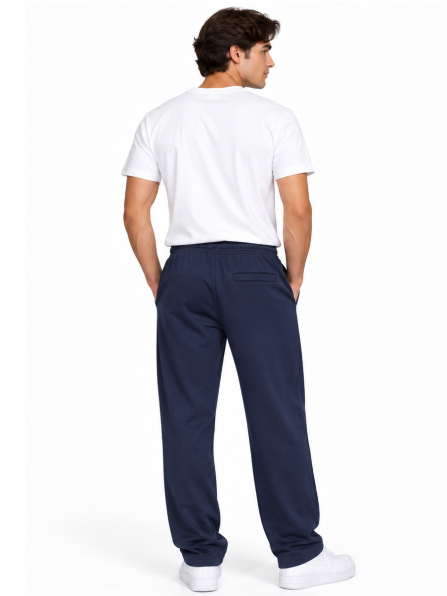PANTALON BUZO FRENCH TERRY ALGODON HOMBRE JOGGER CASUAL CORTE RECTO DEPORTIVO CON BOLSILLOS USO DIARIO AZUL MARINO - 3