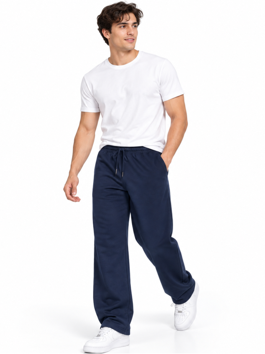 PANTALON BUZO FRENCH TERRY ALGODON HOMBRE JOGGER CASUAL CORTE RECTO DEPORTIVO CON BOLSILLOS USO DIARIO AZUL MARINO - 4