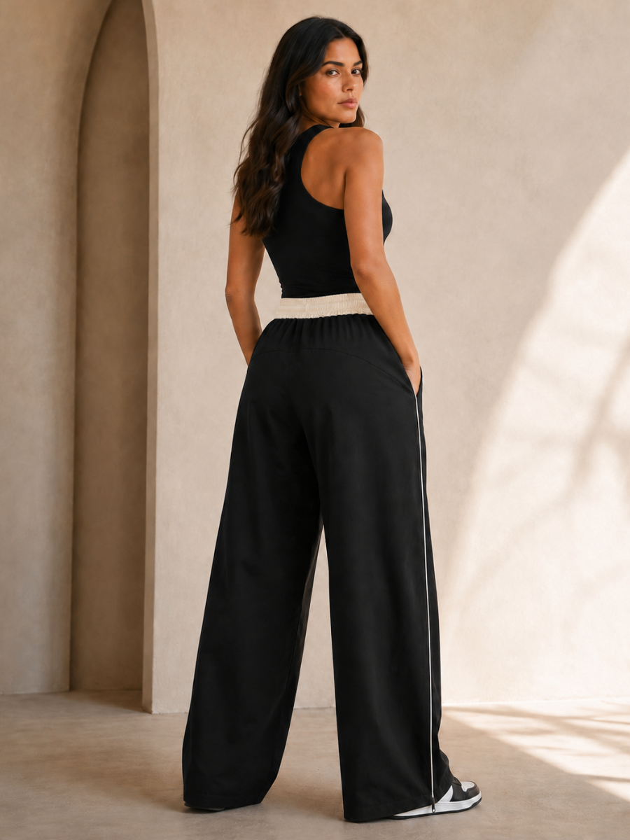 PANTALÓN TIRO ALTO WIDE LEG OVERSIZE URBANO CHIC MUJER TELA NOVA BICOLOR NEGRO - 2