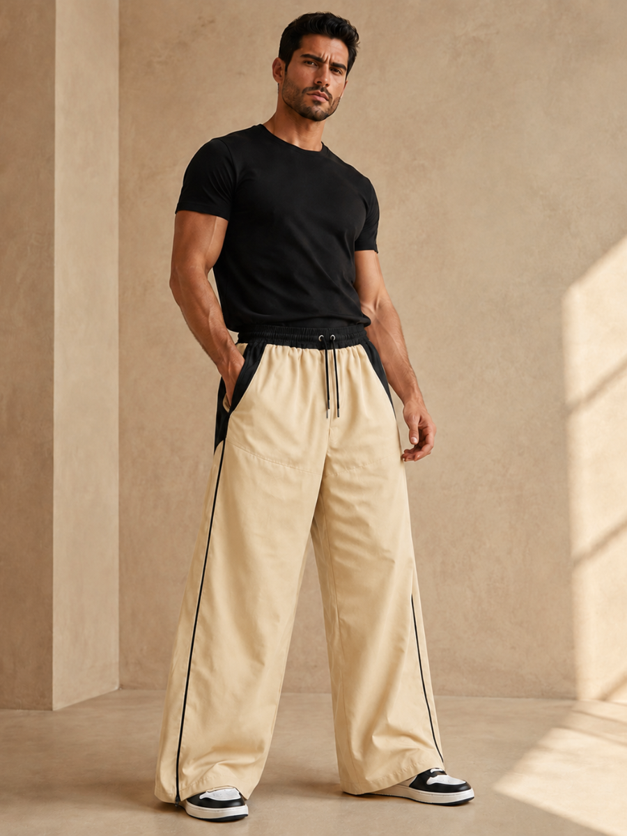 PANTALON HOMBRE WIDE LEG TELA NOVA MODA URBANA BICOLOR BEIGE - 2