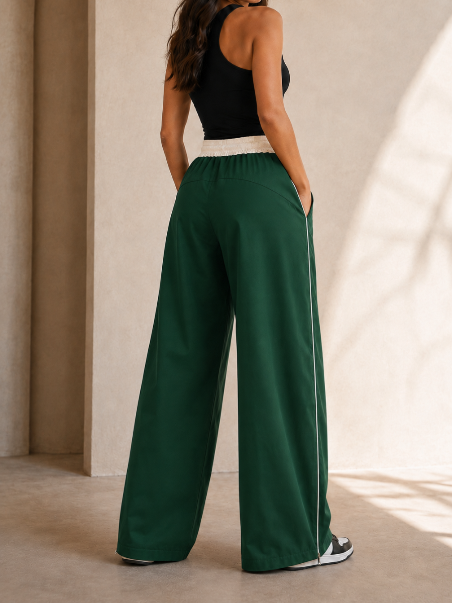 PANTALÓN TIRO ALTO OVERSIZE WIDE LEG PALAZZO CHIC MUJER TELA NOVA BICOLOR VERDE - 2