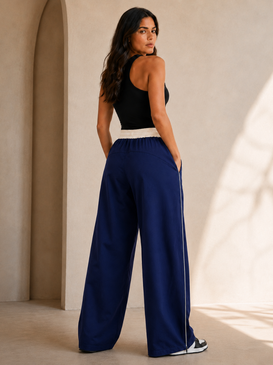 PANTALÓN TIRO ALTO OVERSIZE WIDE LEG PALAZZO CHIC MUJER TELA NOVA BICOLOR AZUL - 2