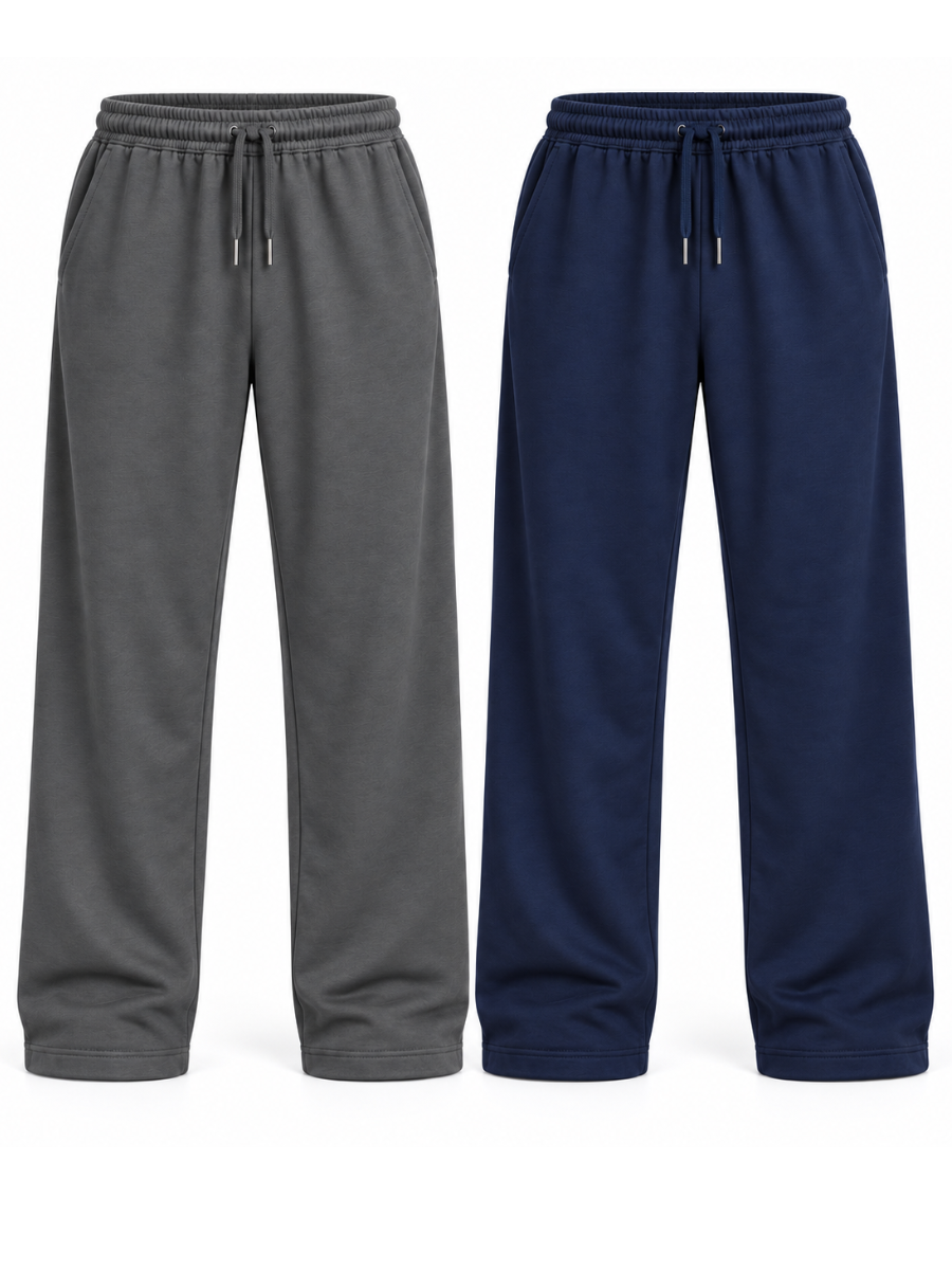 PACK 2 PANTALON BUZO FRENCH TERRY ALGODON HOMBRE JOGGER CORTE RECTO DEPORTIVO CASUAL GRIS OSCURO AZUL MARINO - 1