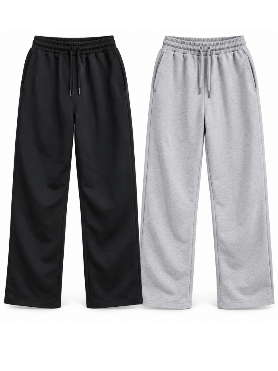 PACK 2 PANTALON BUZO FRENCH TERRY HOMBRE JOGGER ANCHO STREETWEAR JUVENIL URBANO NEGRO GRIS MELANGE - 1