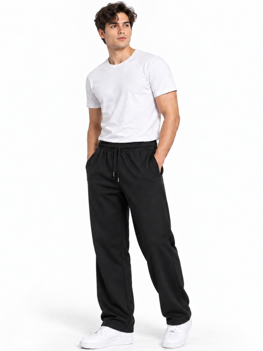 PACK 2 PANTALON BUZO FRENCH TERRY HOMBRE JOGGER ANCHO STREETWEAR JUVENIL URBANO NEGRO GRIS MELANGE - 2