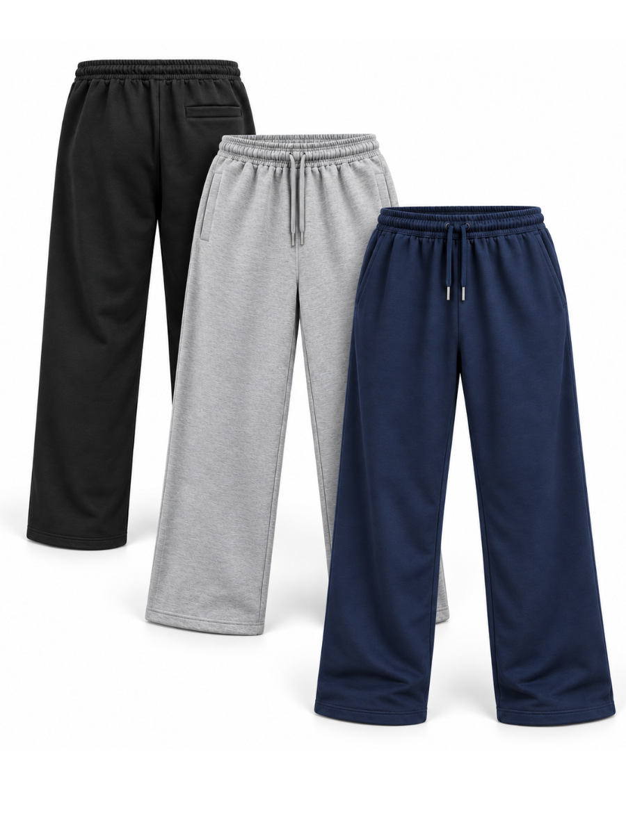 PACK 3 PANTALON BUZO FRENCH TERRY HOMBRE JOGGER ANCHO STREETWEAR JUVENIL URBANO NEGRO AZUL GRIS MELANGE - 1
