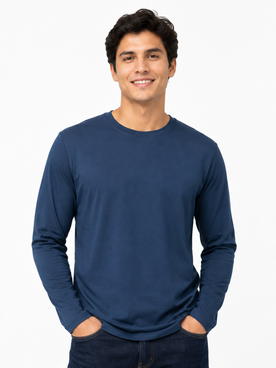 POLO MANGA LARGA ALGODON HOMBRE BASICO INDISPENSABLE CASUAL CUELLO REDONDO CONFORT AZUL MARINO - 1