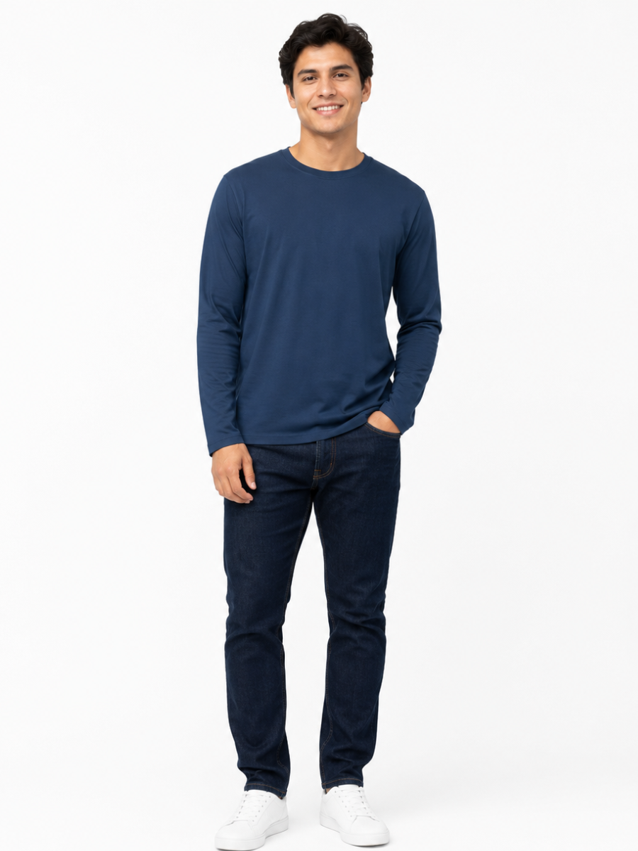 POLO MANGA LARGA ALGODON HOMBRE BASICO INDISPENSABLE CASUAL CUELLO REDONDO CONFORT AZUL MARINO - 2