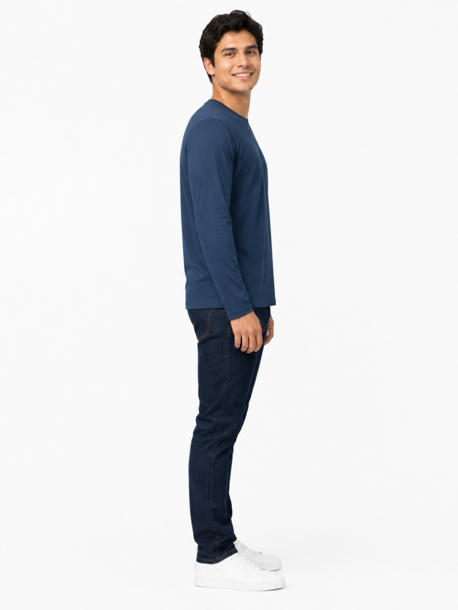 POLO MANGA LARGA ALGODON HOMBRE BASICO INDISPENSABLE CASUAL CUELLO REDONDO CONFORT AZUL MARINO - 3