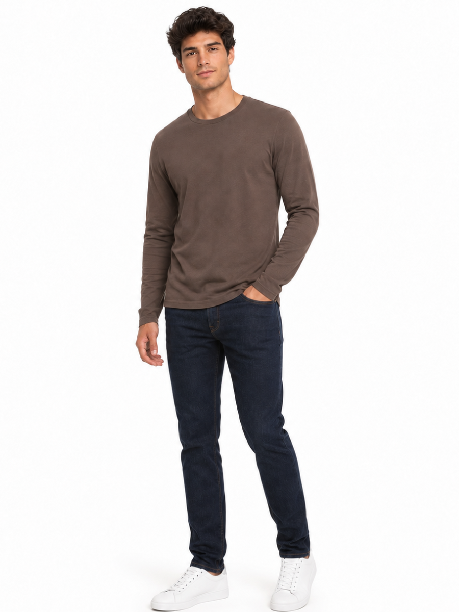 POLO MANGA LARGA ALGODON PREMIUM HOMBRE ESTILO CASUAL URBANO CUELLO REDONDO CONFORT TOPO - 2