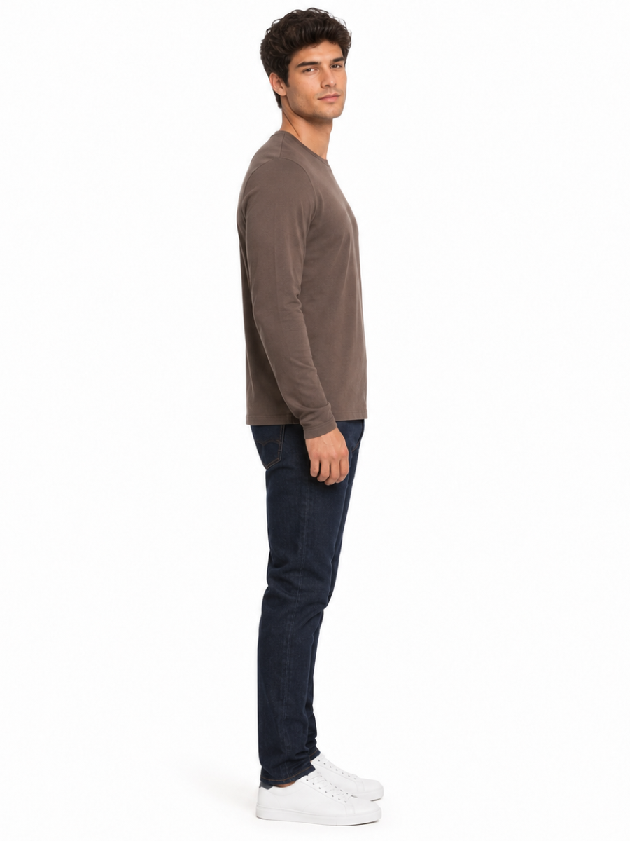 POLO MANGA LARGA ALGODON PREMIUM HOMBRE ESTILO CASUAL URBANO CUELLO REDONDO CONFORT TOPO - 3