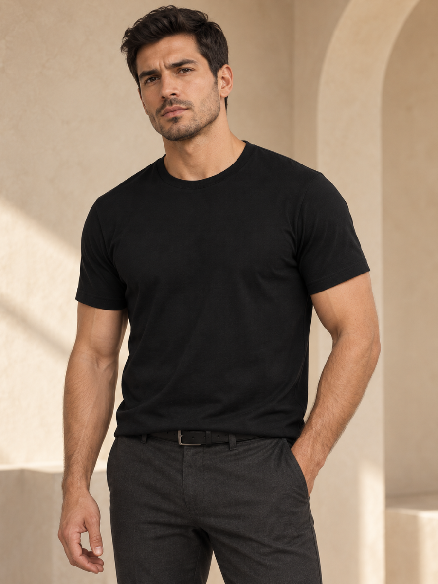 POLO SLIM FIT HOMBRE BÁSICO CUELLO REDONDO ALGODÓN CASUAL NEGRO - 2