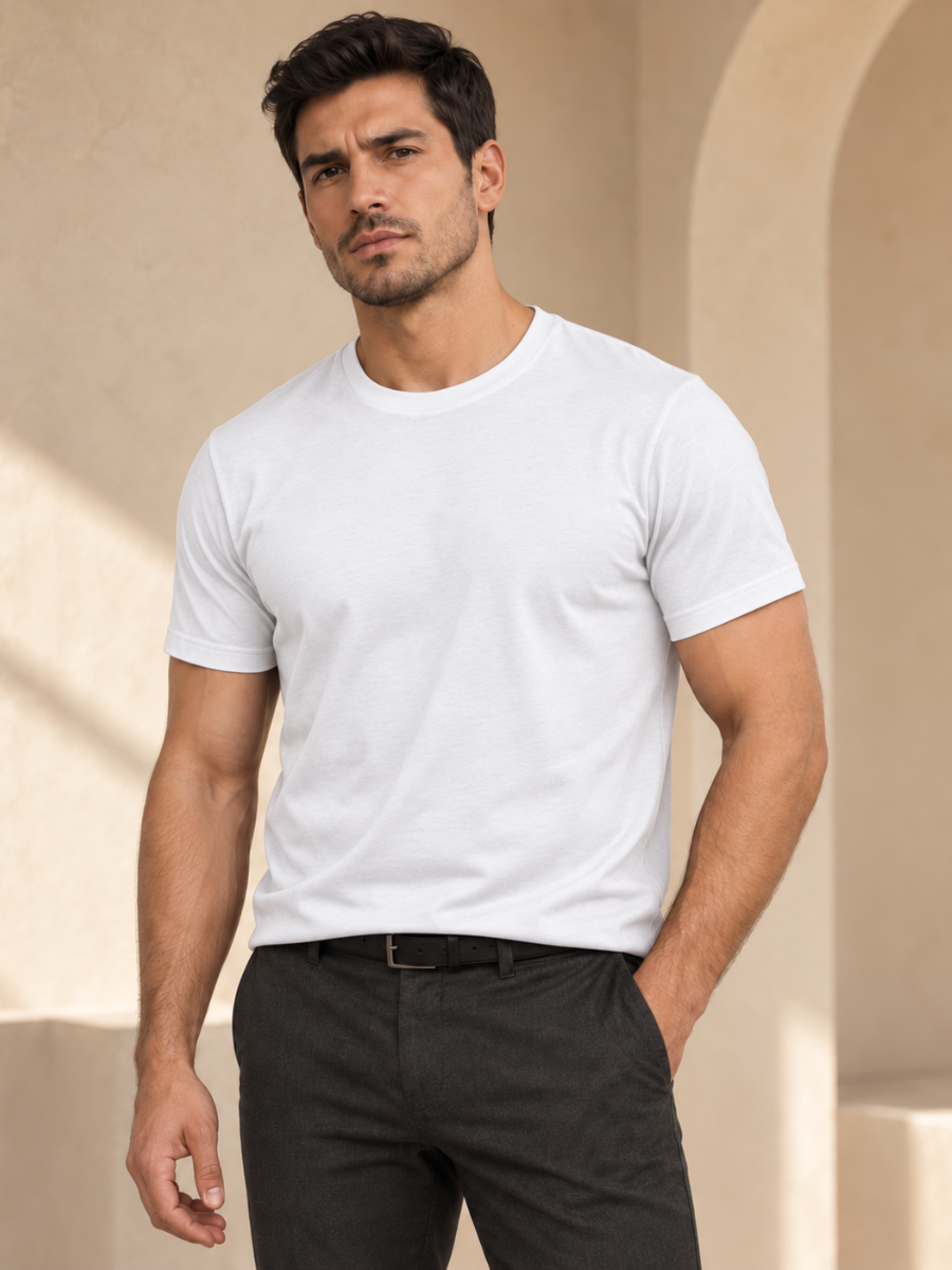 POLO SLIM FIT HOMBRE BÁSICO CUELLO REDONDO ALGODÓN CASUAL BLANCO - 2