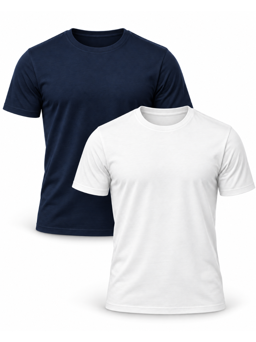 PACK 2 POLO SLIM FIT HOMBRE BÁSICO CUELLO REDONDO ALGODÓN CASUAL AZUL MARINO BLANCO - 1