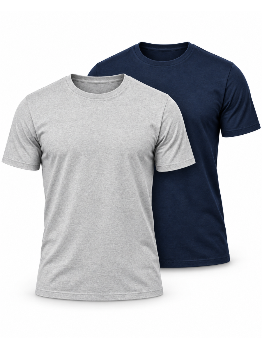 PACK 2 POLO SLIM FIT HOMBRE BÁSICO CUELLO REDONDO ALGODÓN CASUAL GRIS MELANGE AZUL MARINO - 1