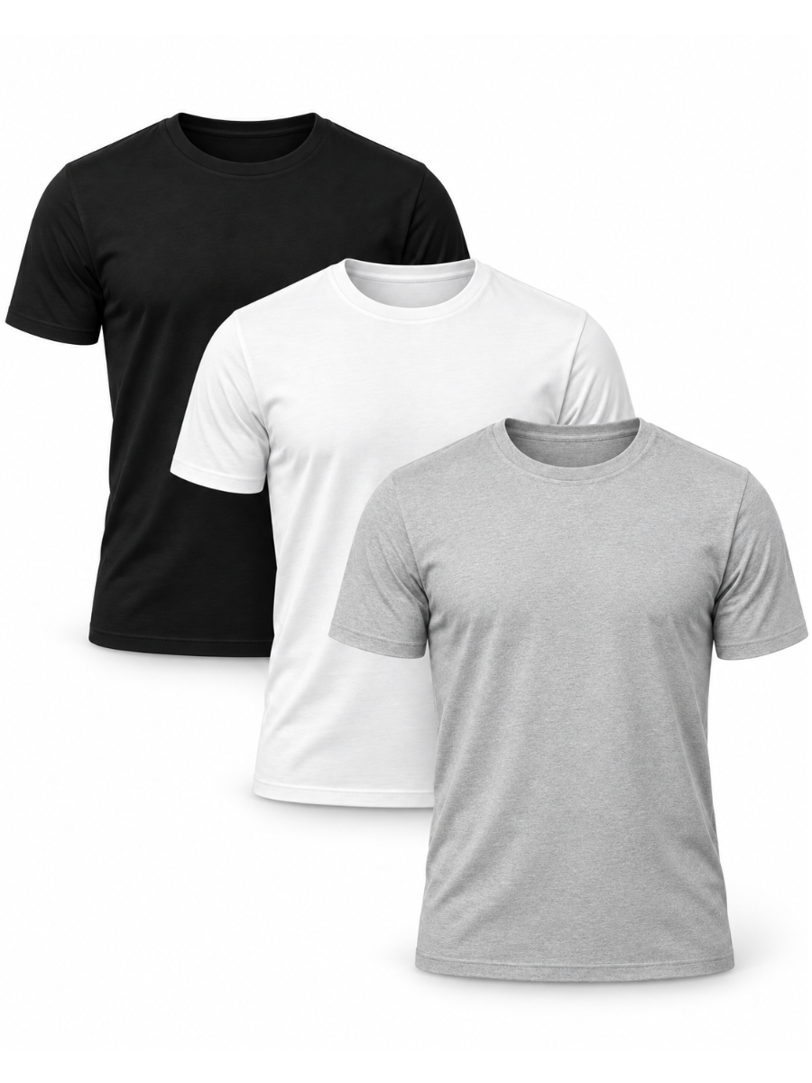 PACK 3 POLO SLIM FIT HOMBRE BÁSICO CUELLO REDONDO ALGODÓN CASUAL NEGRO BLANCO GRIS - 1
