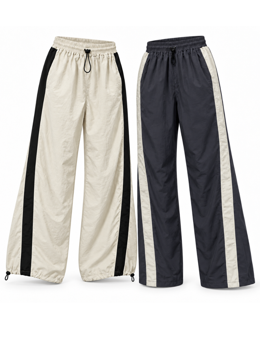 PACK 2 PANTALÓN BAGGY PARACHUTE MUJER STREETWEAR OVERSIZE AURA BEIGE NEGRO - 1