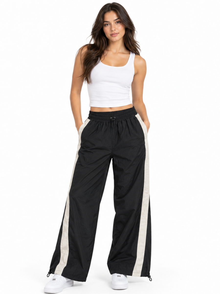 PACK 2 PANTALÓN BAGGY PARACHUTE MUJER STREETWEAR OVERSIZE AURA BEIGE NEGRO - 2